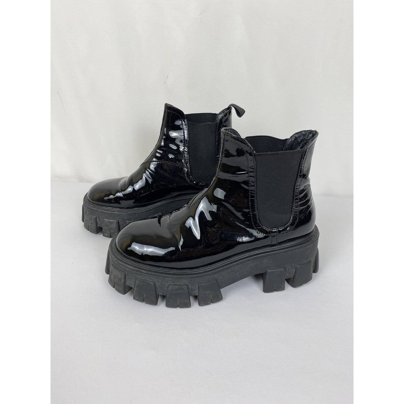 Prada Womens Monolith Chunky Platform Chelsea Ankle Boots Black Patent Size 37